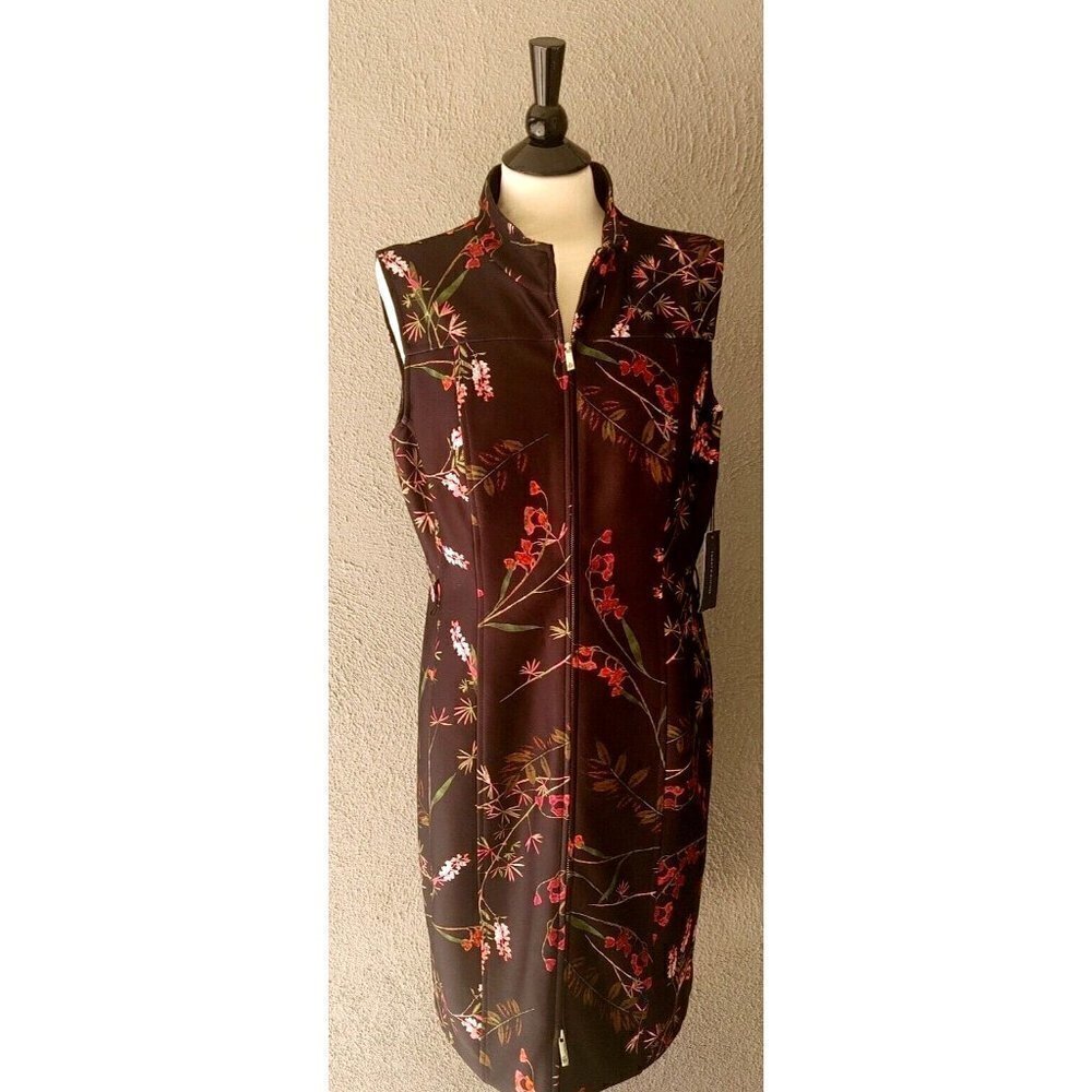NWT Tommy Hilfiger Black Zip Front Sleeveless Sheath Dress with Flowers Size 14